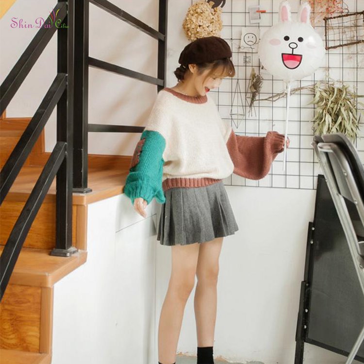 Custom Long Lantern Sleeve O-Neck Knitted Pullover Lovely Girl Sweater