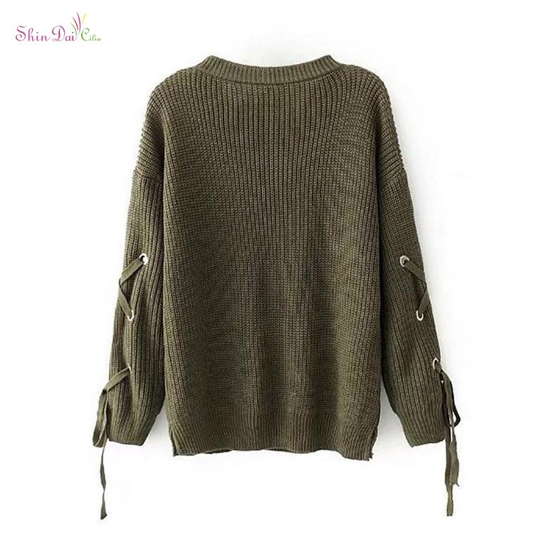 Best selling women ladies' oversized round neck knitted lace up pullover sweater