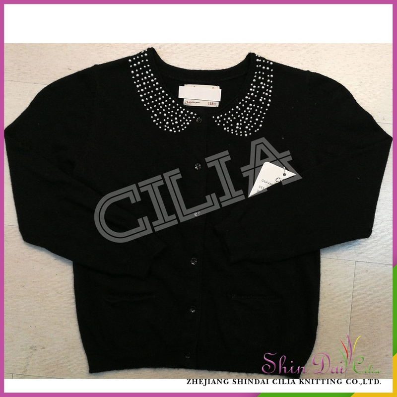 Top hot selling black hand knitted girls cardigan sweater with panel pressing