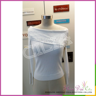 Mature lady womens off shoulder tight pullover sweater with rhinestones and zipper