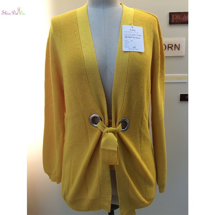 Cheap wholesale yellow knitted long lace up cardigan coat sweater
