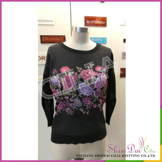 Factory directly wholesale black lady knitted pullover swwater with digital printing