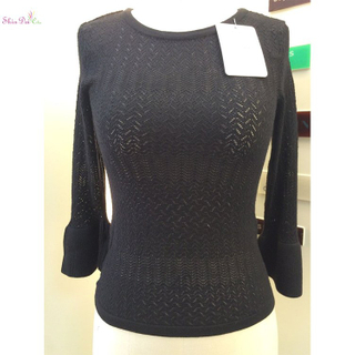 Women black round neck hollow flare sleeve knitted pullover sweater