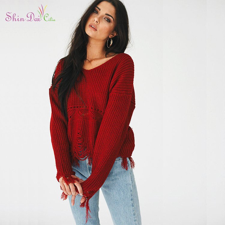 Good design red handmade knit girls distressed wool acrylic pullover pullover sweater