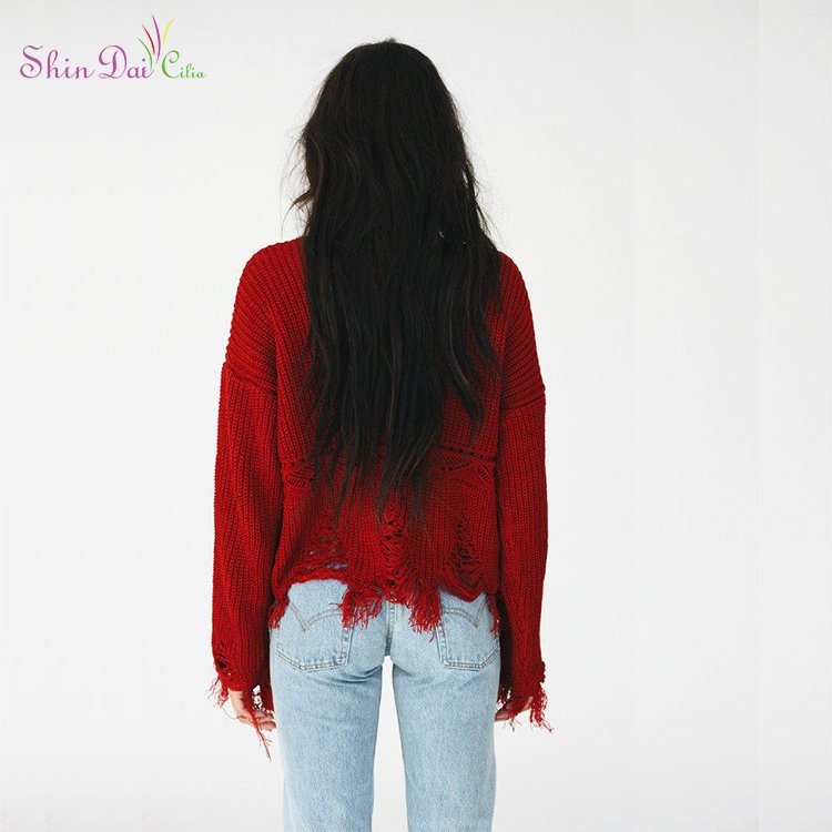 Good design red handmade knit girls distressed wool acrylic pullover pullover sweater