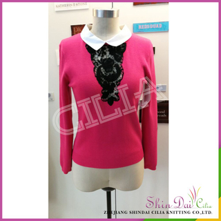 Good design sexy women's rose red knitted pullover sweater with white shirt collar
