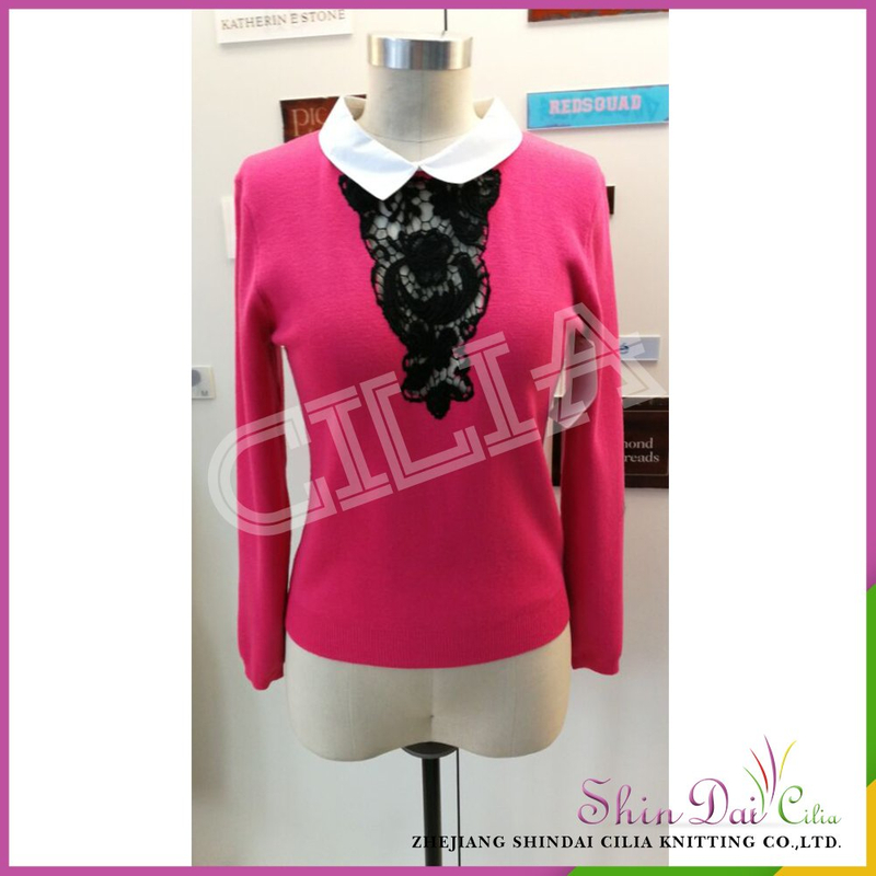 Good design sexy women's rose red knitted pullover sweater with white shirt collar