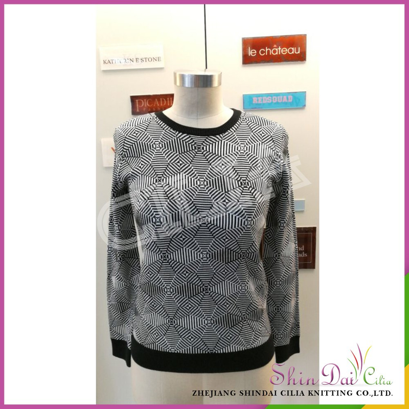 Cheap custom autumn winter lady knit sweater with geometrical pattern jacquard