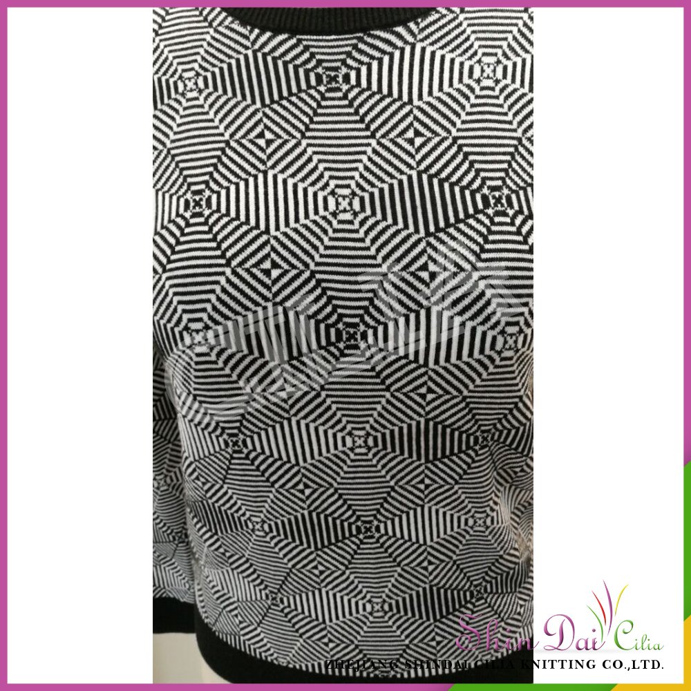 Cheap custom autumn winter lady knit sweater with geometrical pattern jacquard