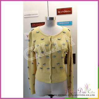 Cheap wholesale latest new style ladies orange fancy cardigan sweater with rhinestones