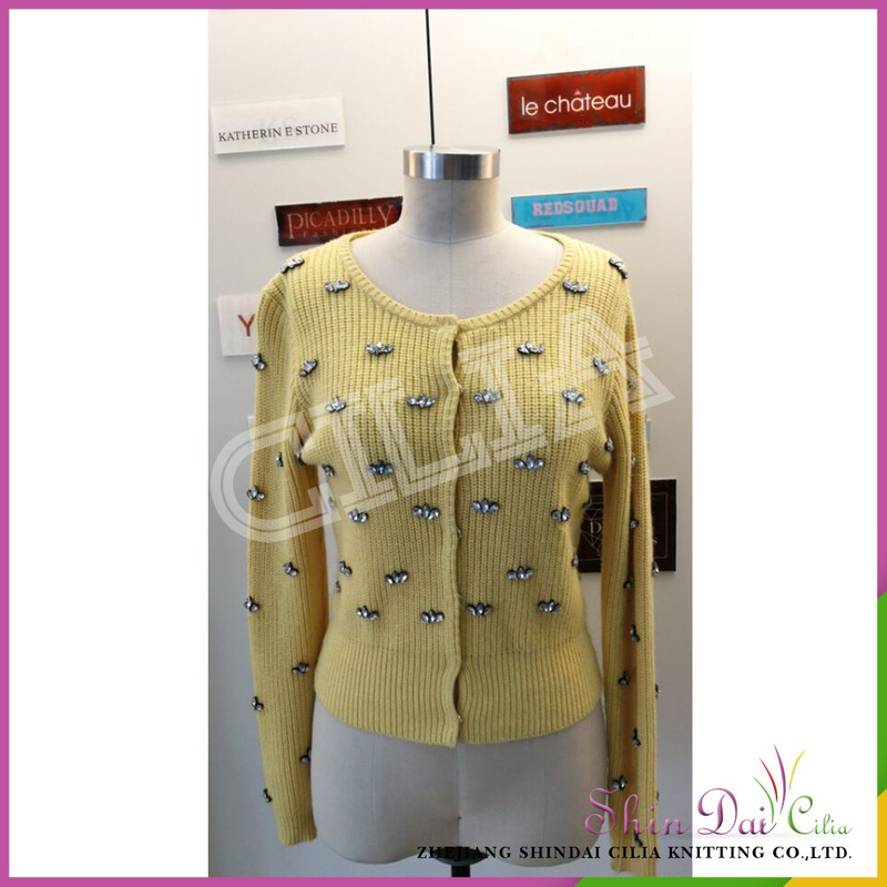 Cheap wholesale latest new style ladies orange fancy cardigan sweater with rhinestones