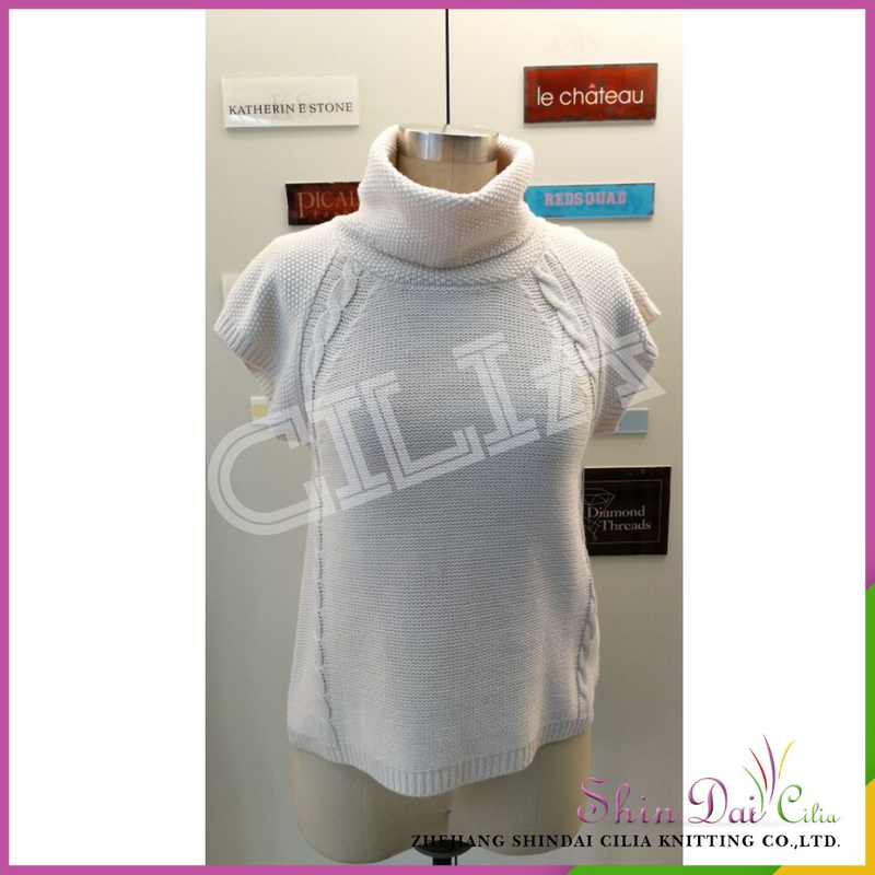 Prompt delivery women white half sleeve turtle neck pullover sweater with cabel