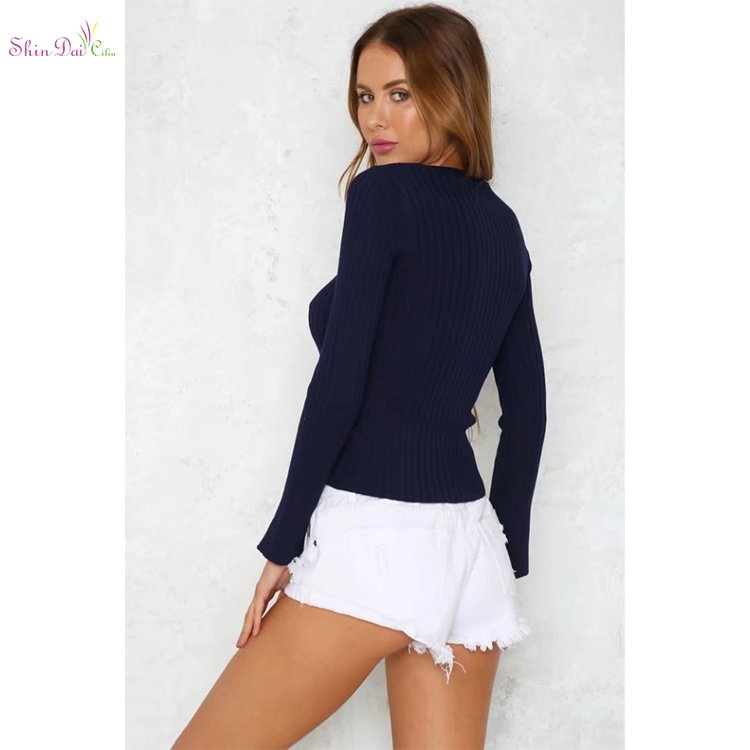 Fashion cheap custom womens fashion v neck lace up skinny spring knitting sweater