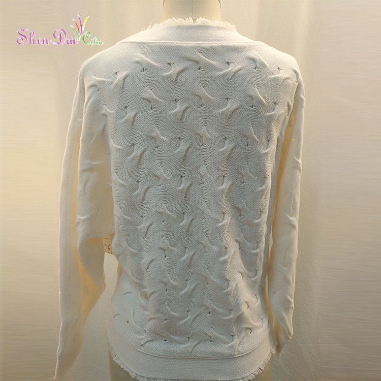 New Arrival Spring Fall Ladies White Fur Sleeve Tassels Hem Knitted Pullover Sweater