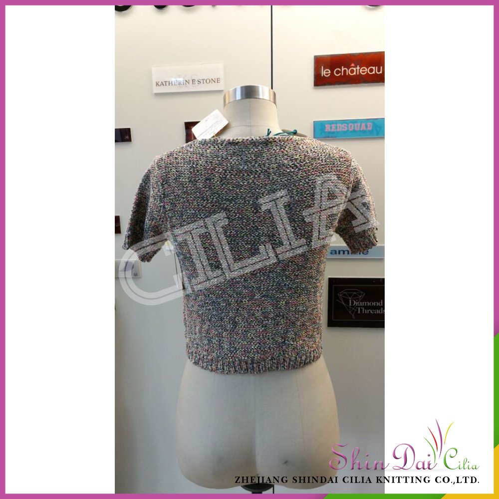 China supplier hot sale women spring summer half sleeve knitted shirt sweater with tapy yarn