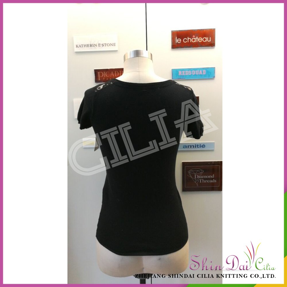 European style lady girl black half sleeve v neck sweater with lace