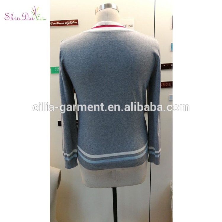 Hots fashion grey varsity v-neck long sleeve knitted top pollover sweater