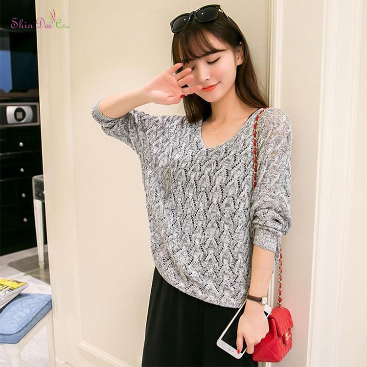 Good design women's ladies fancy deep v neck knitted hollow pullover sweater