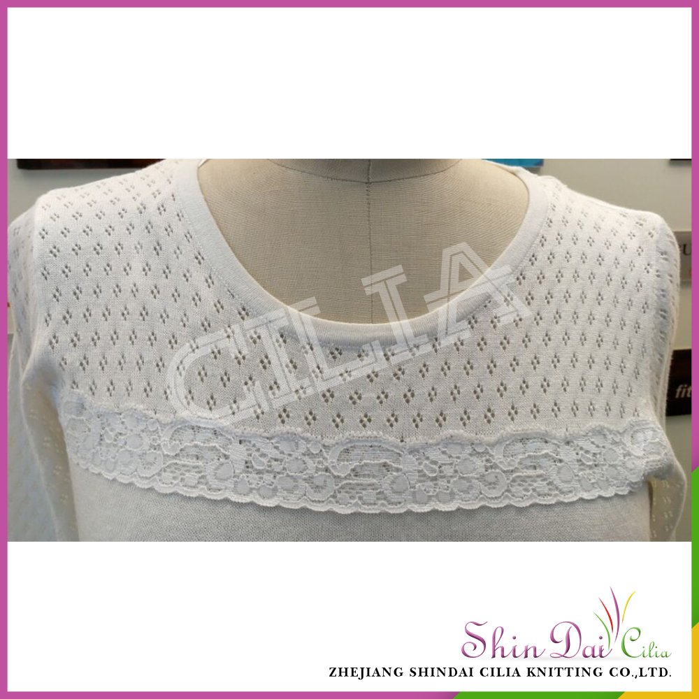 High quality ladies woman fancy knitting jacquard patterns chandail sweater with lace
