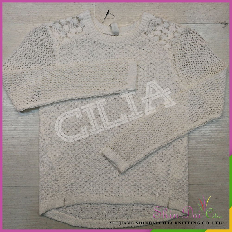 Can be customized girl spring and summer white knitting pullover sweater with lace