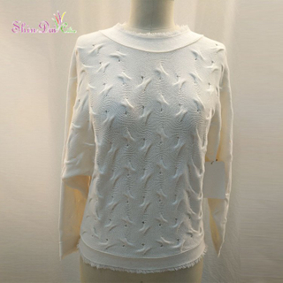 New Arrival Spring Fall Ladies White Fur Sleeve Tassels Hem Knitted Pullover Sweater