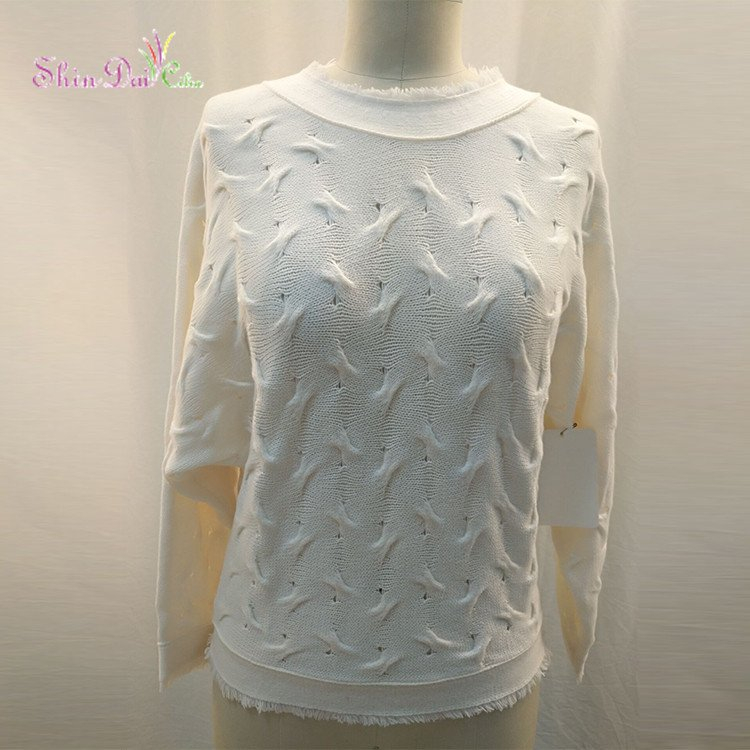 New Arrival Spring Fall Ladies White Fur Sleeve Tassels Hem Knitted Pullover Sweater