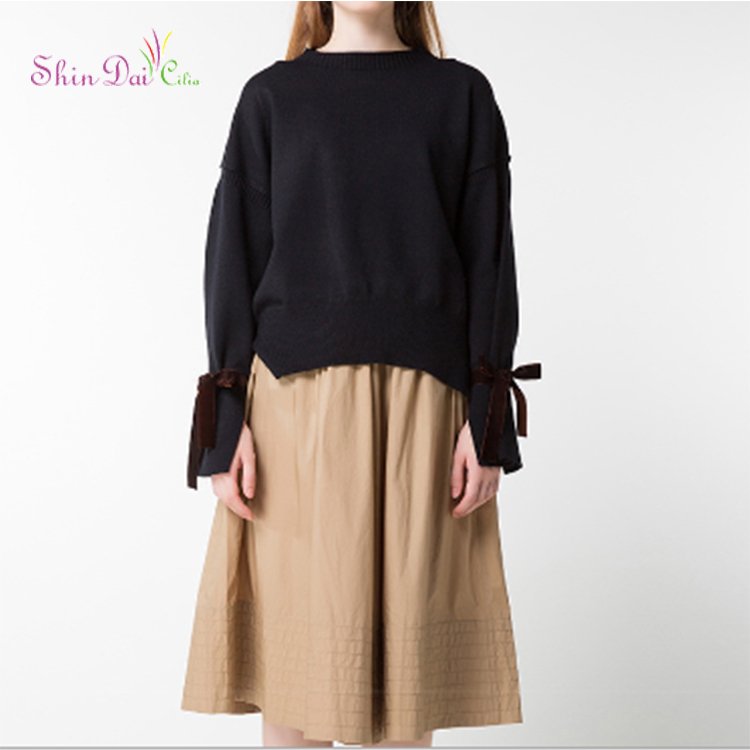Latest Design Europe Autumn Women Pure Color Cuffs Straps O-Neck Sweater