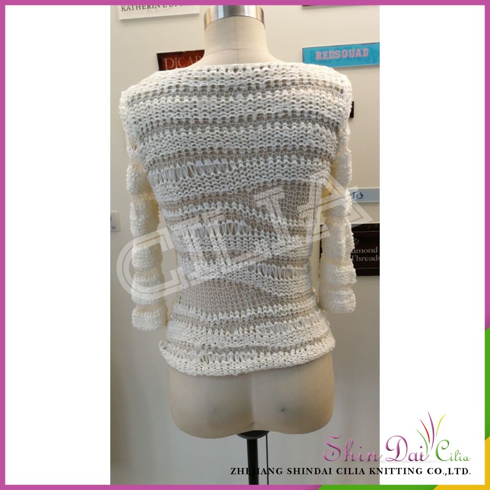 Factory latest designs white spring distressed hollow pullover sweater for girls