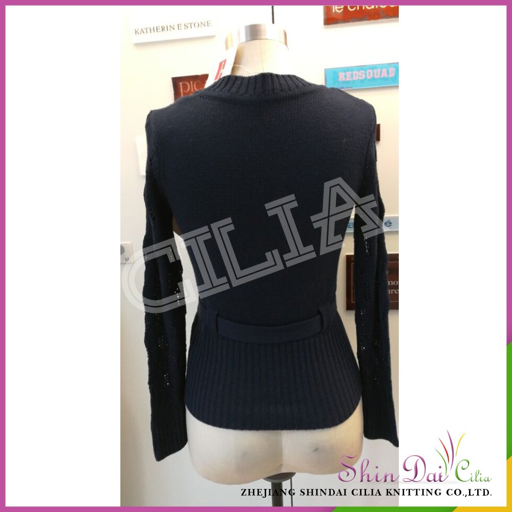 China supplier hot sale lady girl black frock knit sweater with hollow jacquard