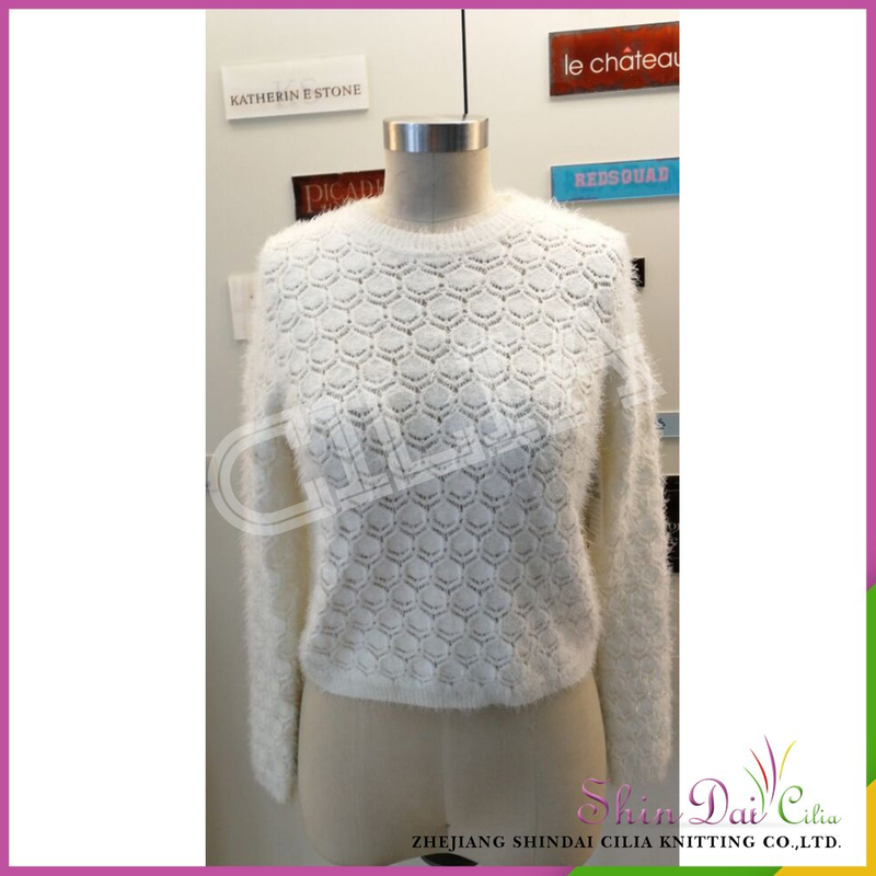 Factory directly provide white women round collar mohair pullover sweater
