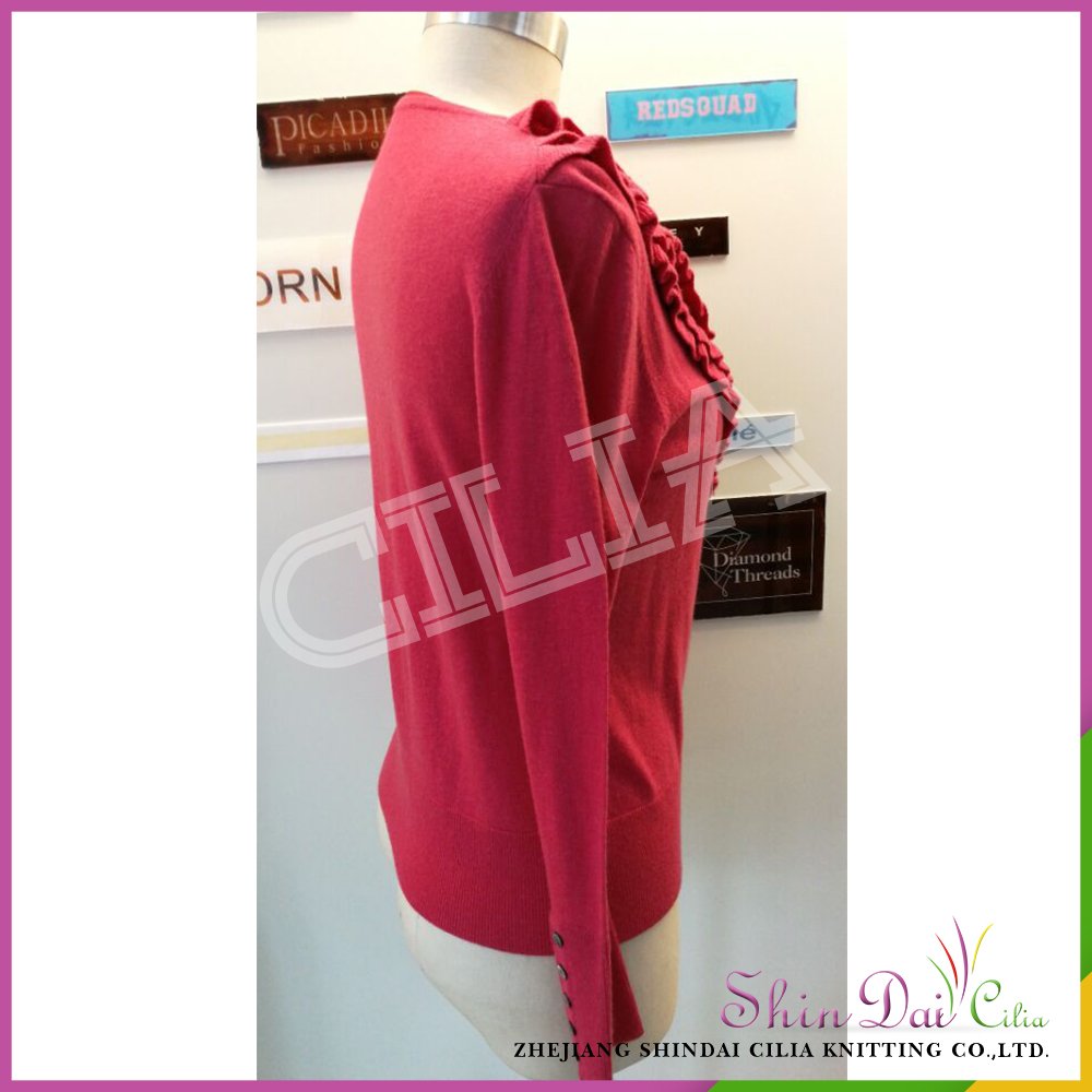 Wholesale new design lady women red woolen cardigan sweater with falbala