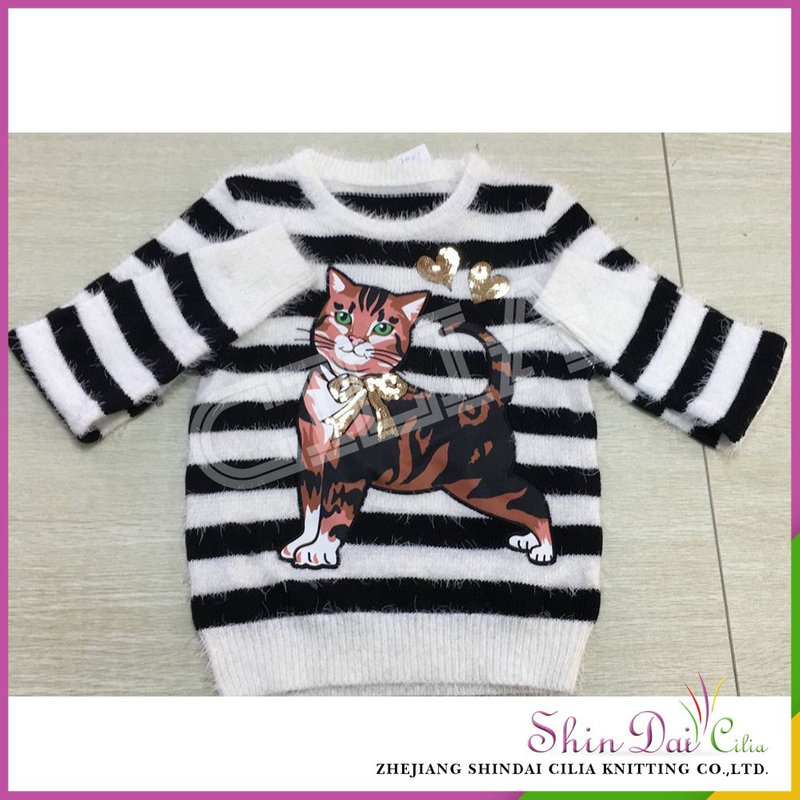 Wholesales new design girls stylish knitted pullover sweater with cat embroider