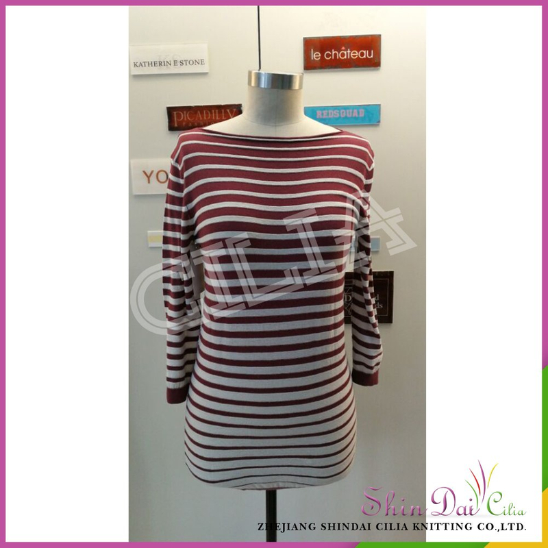 Top hot selling ladies hand knitted striped long pullover sweater