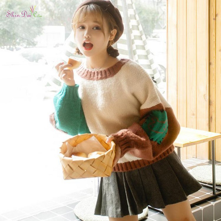 Custom Long Lantern Sleeve O-Neck Knitted Pullover Lovely Girl Sweater