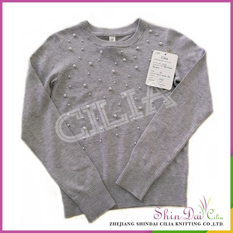 Factory directly provide girl grey fancy winter warm pullover sweater with pearl