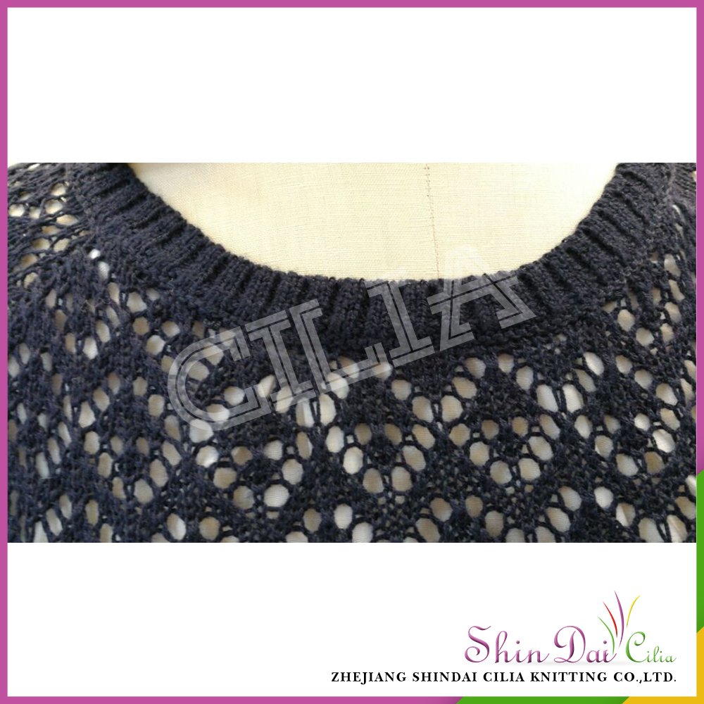 Modern design lady black round neck knitting hollow sweater with woven fabric