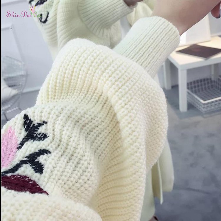 Hot sale fashion women heavy long warm knit embroidered cardigan sweater
