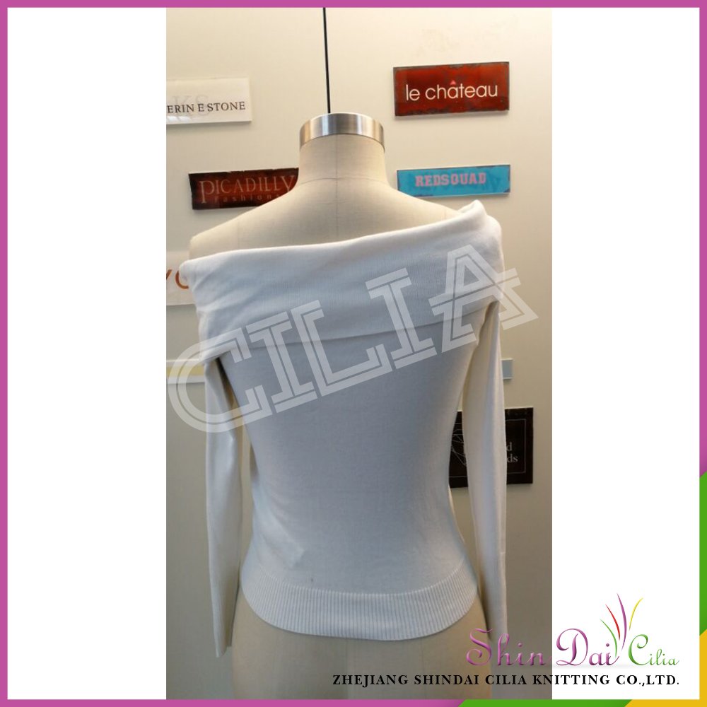 Mature lady womens off shoulder tight pullover sweater with rhinestones and zipper