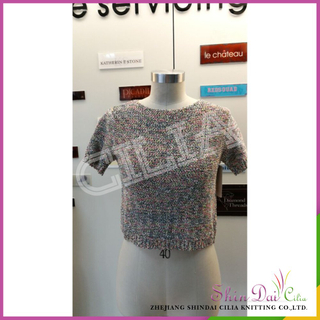 China supplier hot sale women spring summer half sleeve knitted shirt sweater with tapy yarn