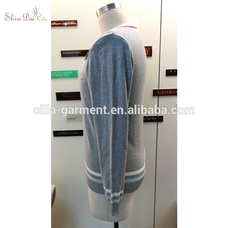 Hots fashion grey varsity v-neck long sleeve knitted top pollover sweater